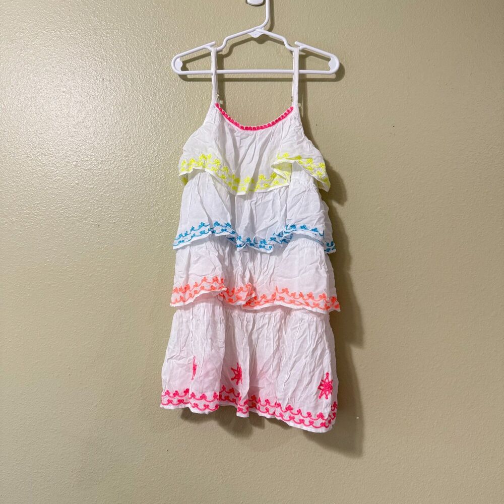 Kiwi St-Tropez White Boho Tiered Dress Neon Embroidery Girls Size 10